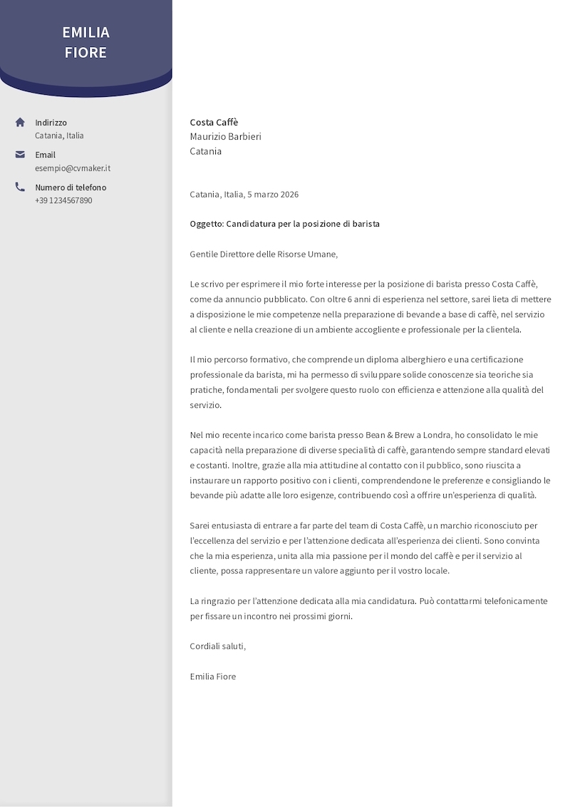 Esempio di lettera di presentazione per barista