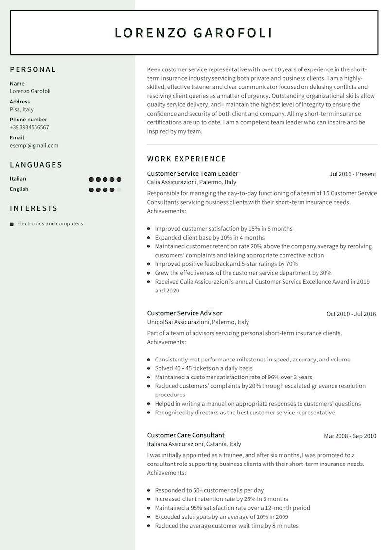 CV personal profile inglese