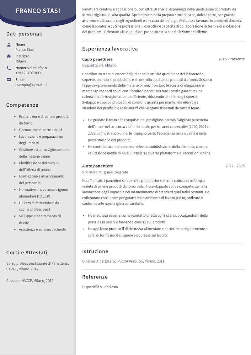 Esempio di CV per panettiere