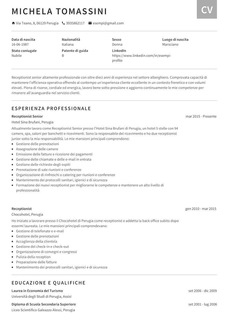 curriculum vitae per receptionist