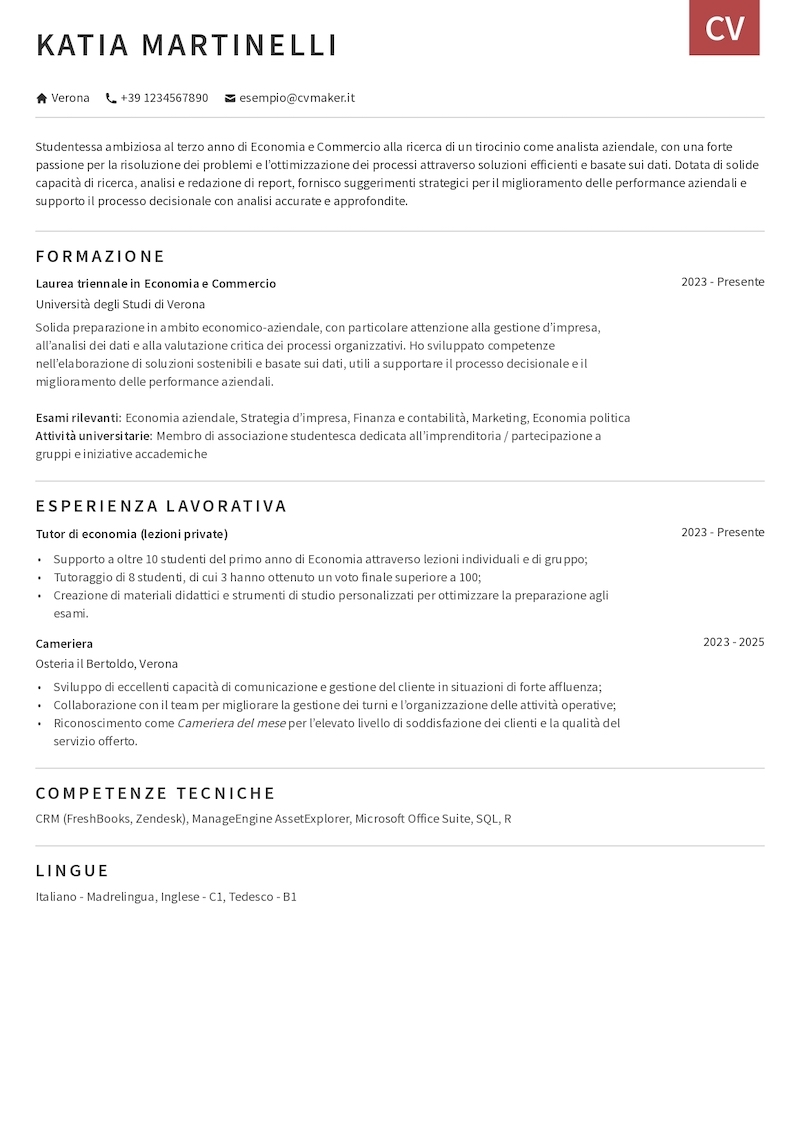 esempio di CV per tirocinio
