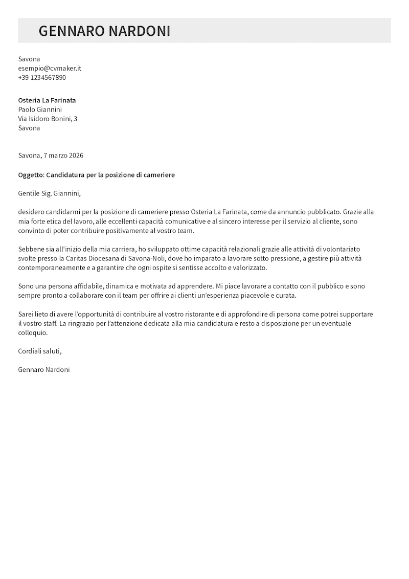 Esempio di lettera di presentazione per cameriere