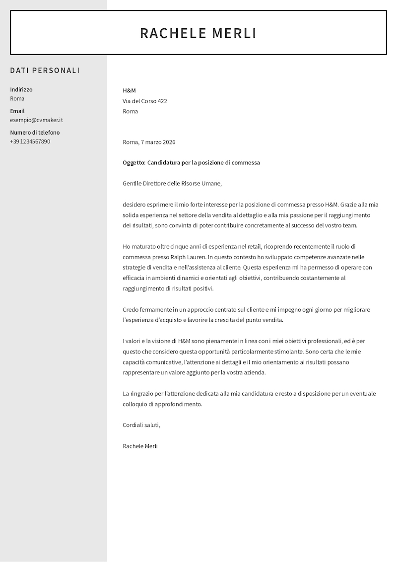 Esempio di lettera di presentazione per commessa