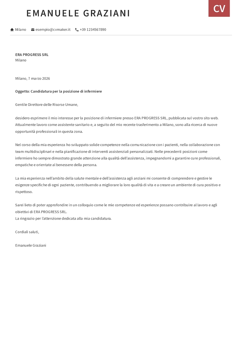 Esempio di lettera di presentazione per infermiere