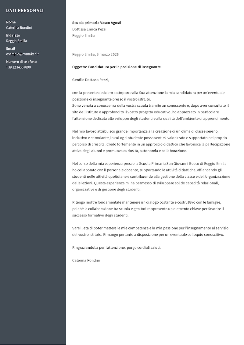 Esempio di lettera di presentazione per insegnante