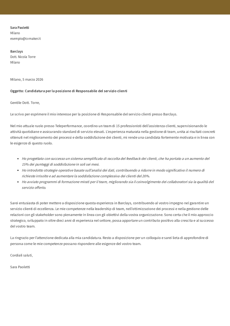Esempio di lettera di presentazione per il servizio clienti