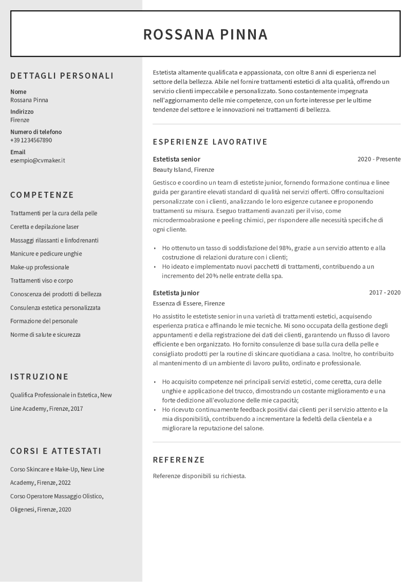 Esempio di CV per estetista