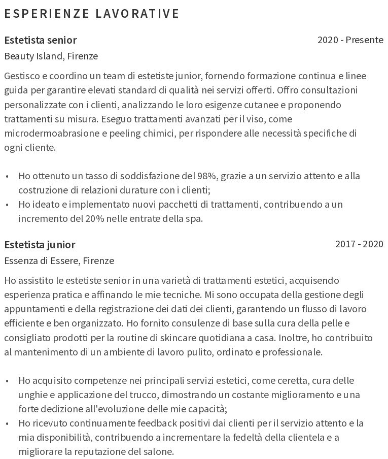 esperienza lavorativa nel CV per estetista