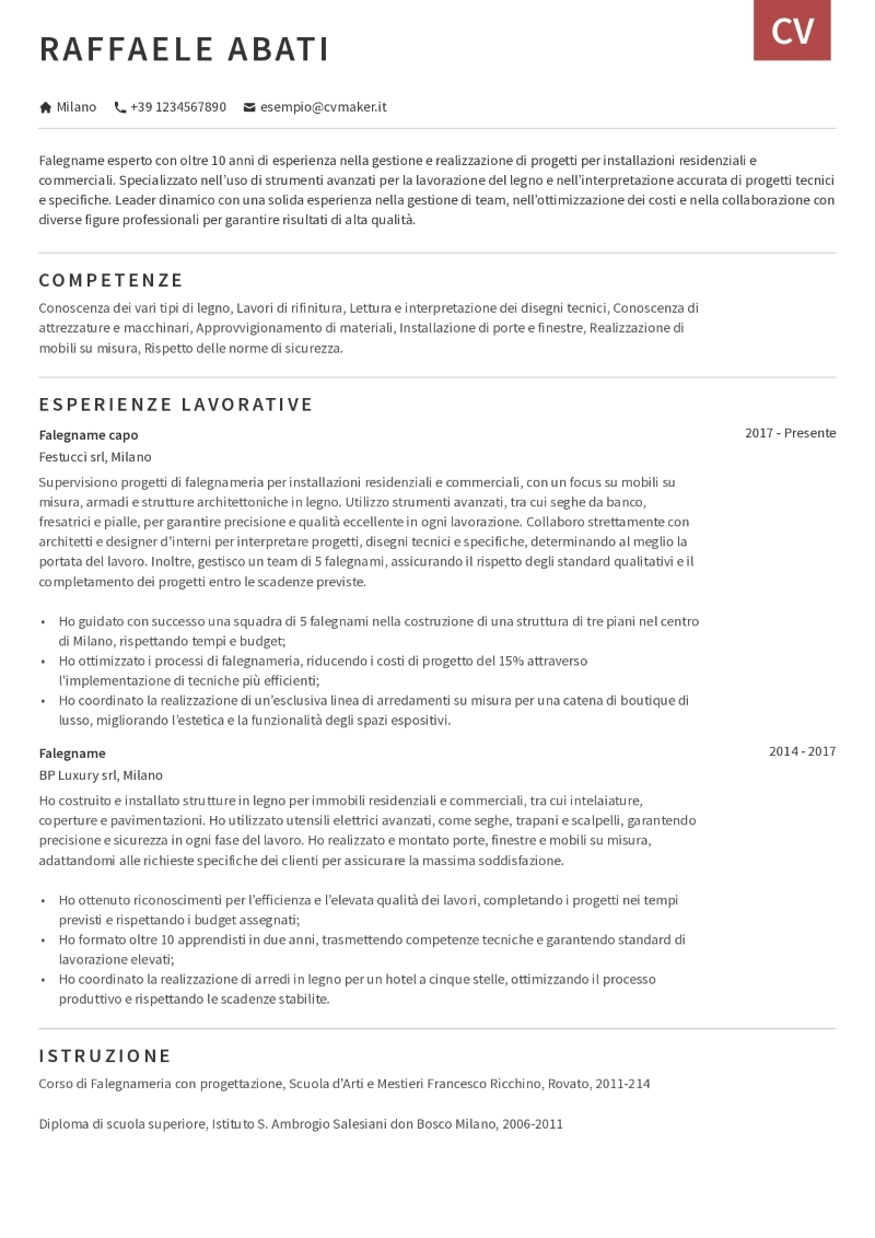 Esempio di CV per falegname