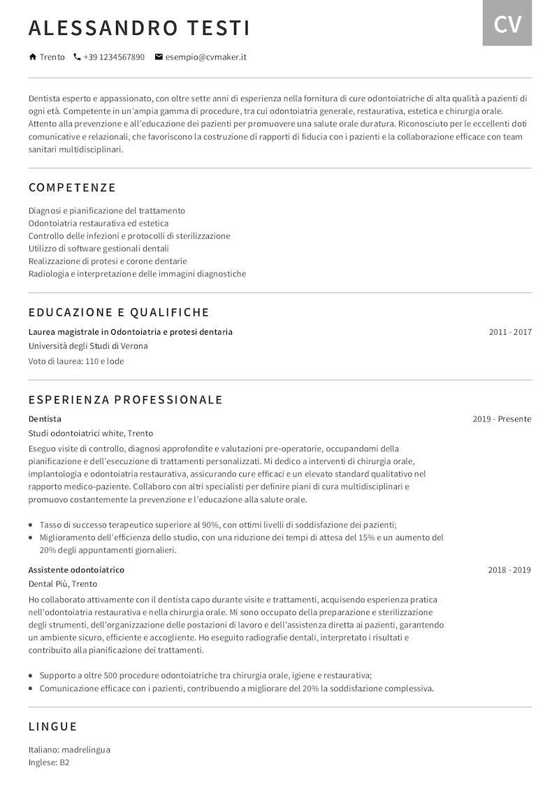 Esempio di CV per dentista