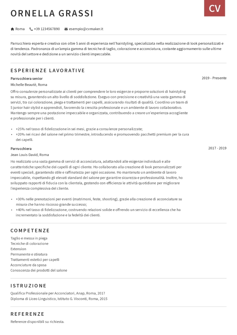 Esempio di CV per parrucchiera