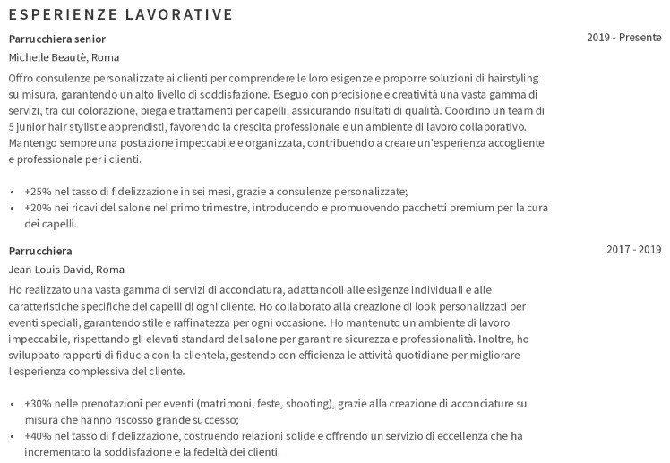 esperienza lavorativa nel CV per parrucchiera