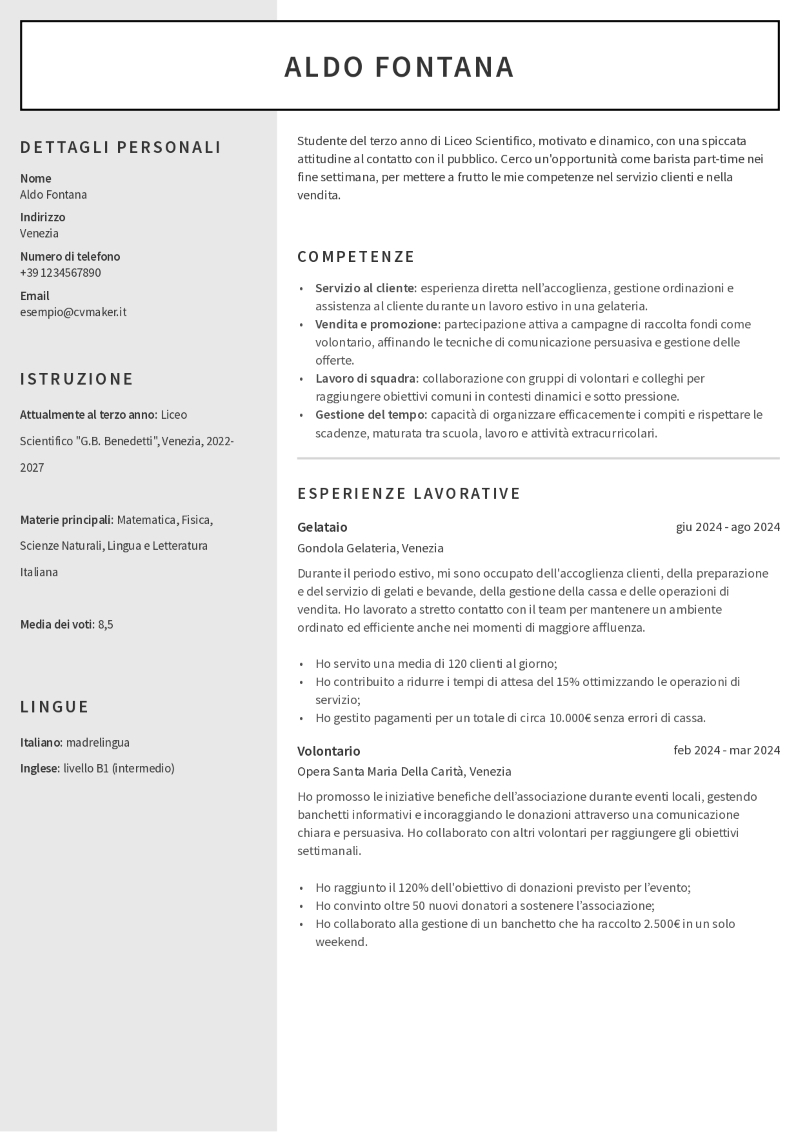 Esempio di CV per studente delle scuole superiori