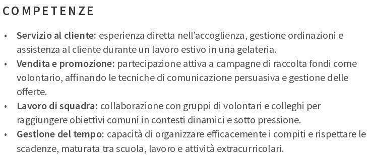 Competenze nel CV per studente delle superiori