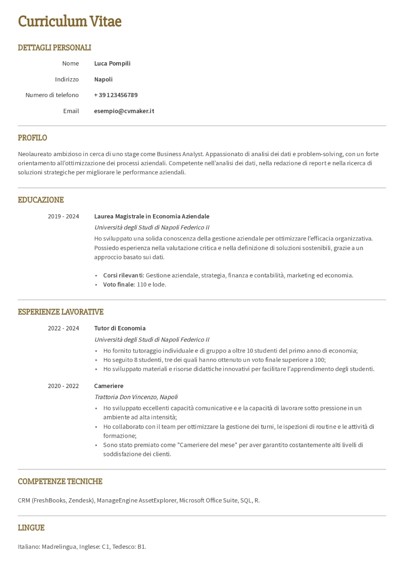 Esempio di curriculum per stagista