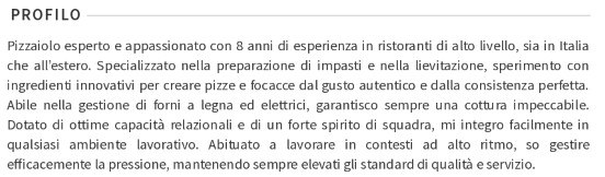 profilo personale nel CV per pizzaiolo