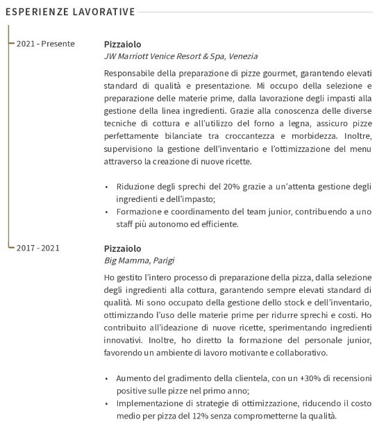 esperienza lavorativa nel CV per pizzaiolo