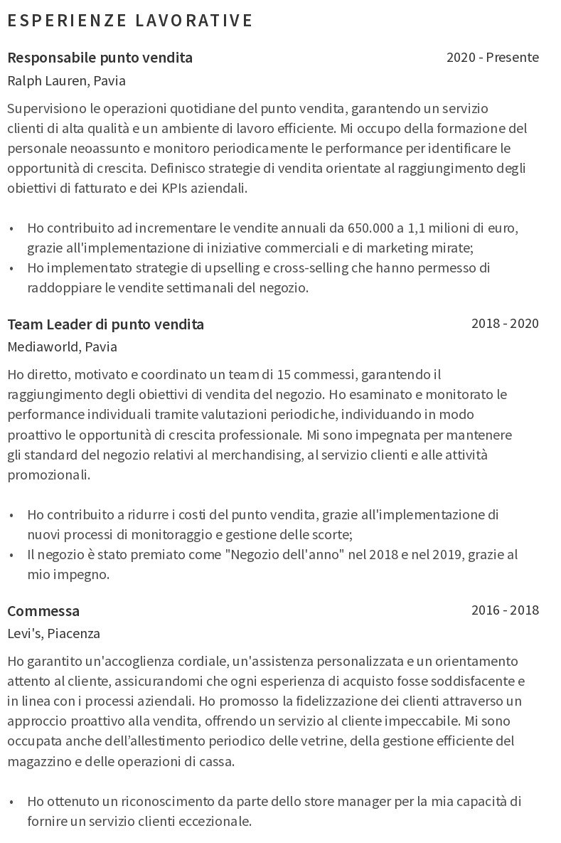 esperienza lavorativa nel CV da commessa