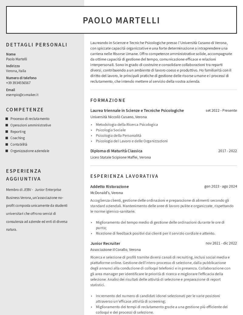Esempio di curriculum vitae da studente