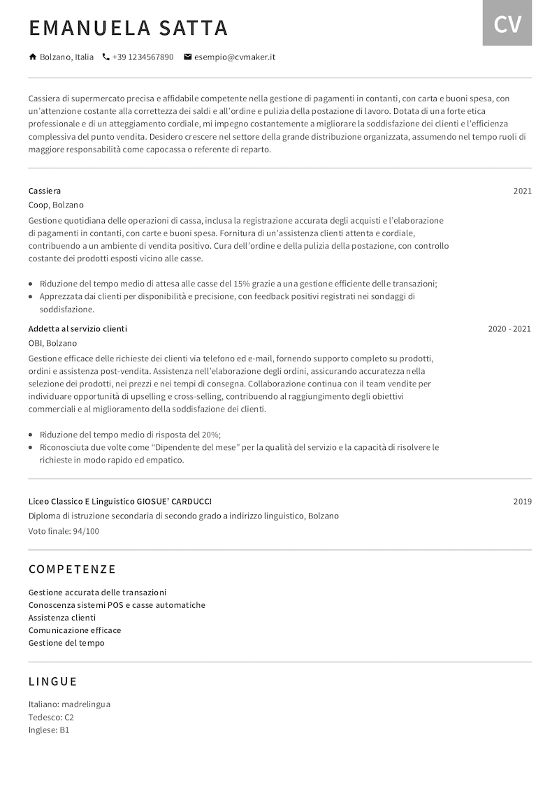 Esempio di CV per supermercato