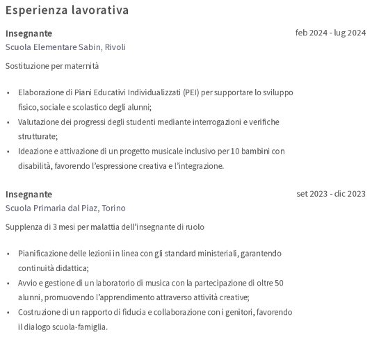 l'esperienza lavorativa nel CV da insegnante