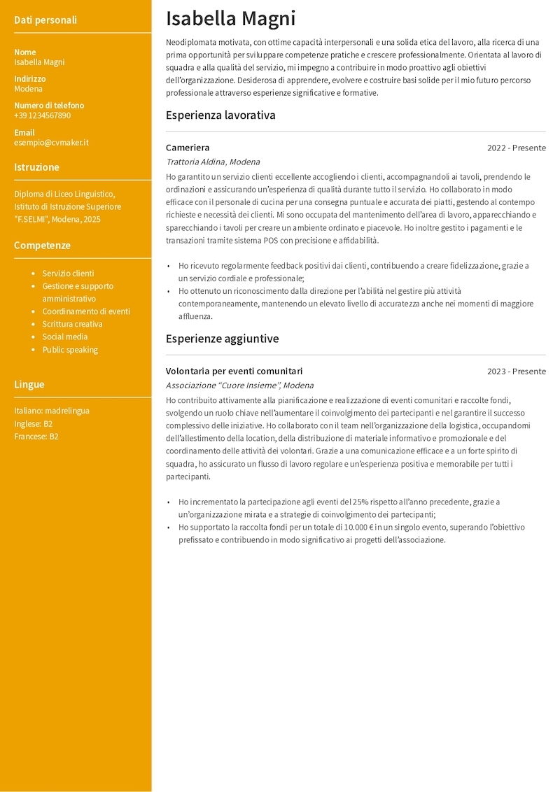 Esempio di CV per neodiplomato