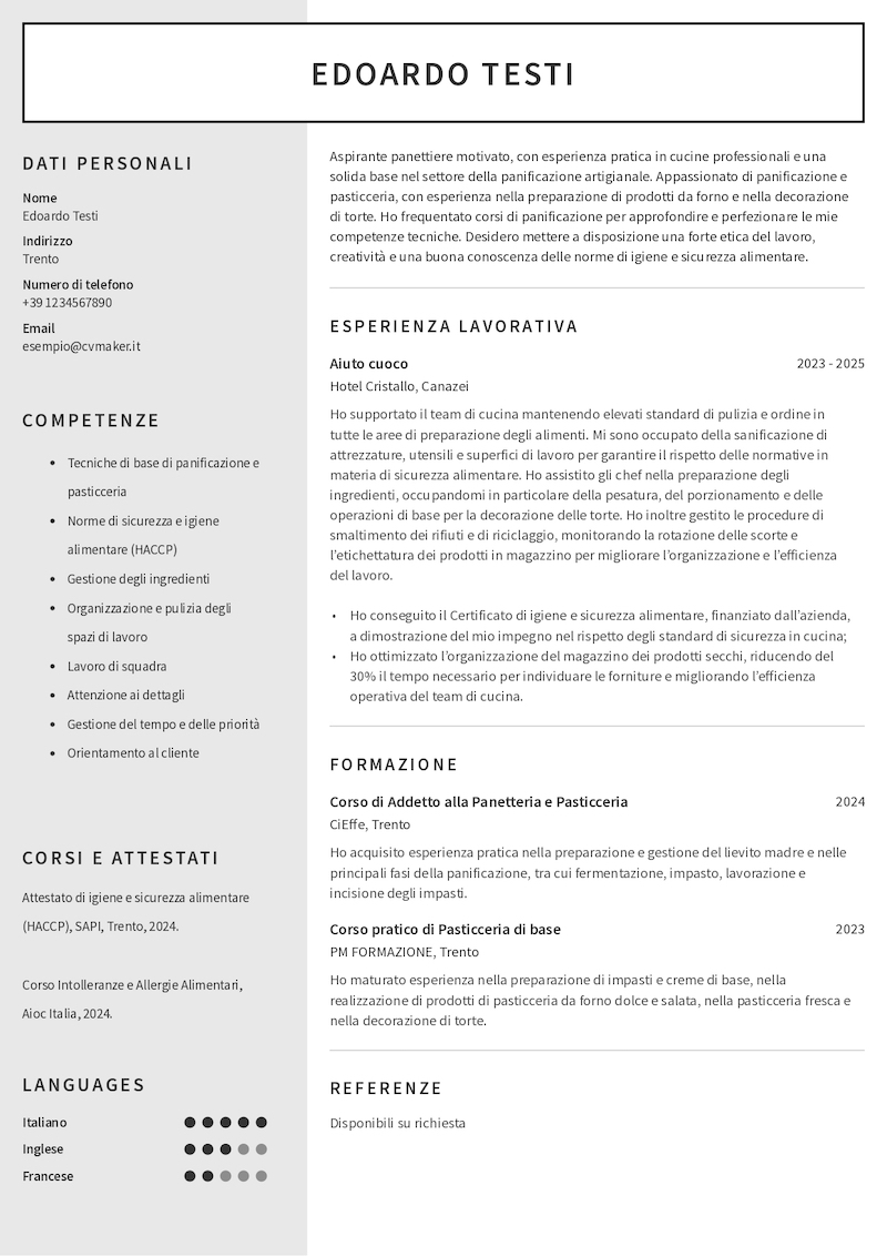 Esempio di CV per panettiere senza esperienza
