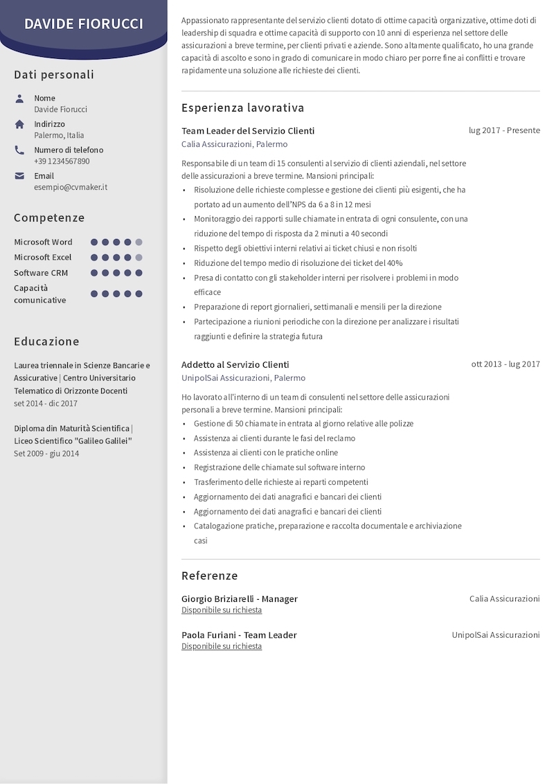 esempio di CV per servizio clienti esempio di CV per servizio clienti