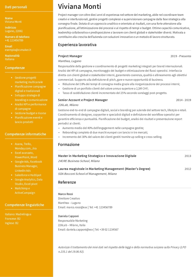 Esempio di CV per la Svizzera