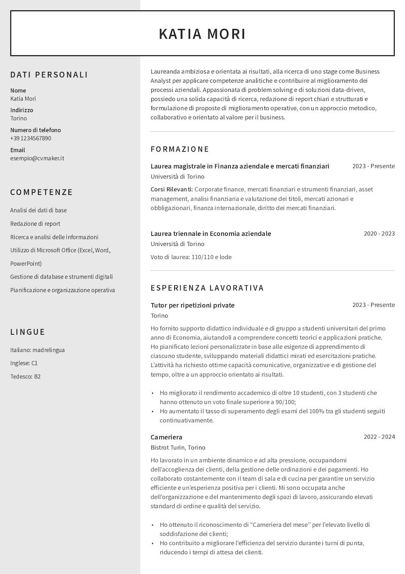 Esempio di CV per tirocinio