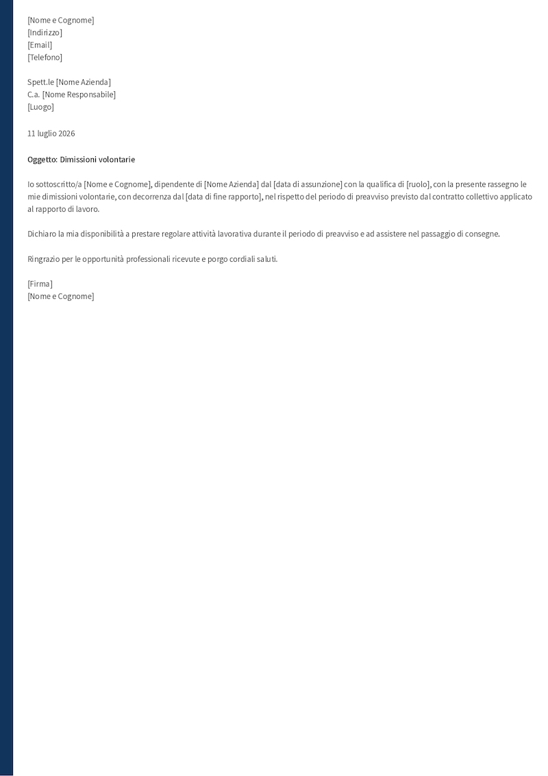 Esempio di lettera di dimissioni con preavviso