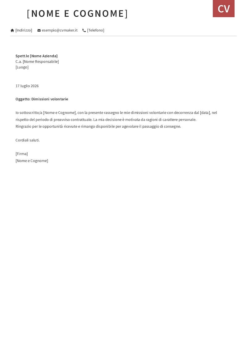 Esempio di lettera di dimissioni per motivi personali