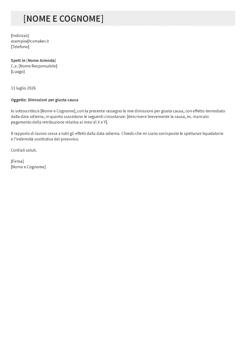 Esempio di lettera di dimissioni per giusta causa