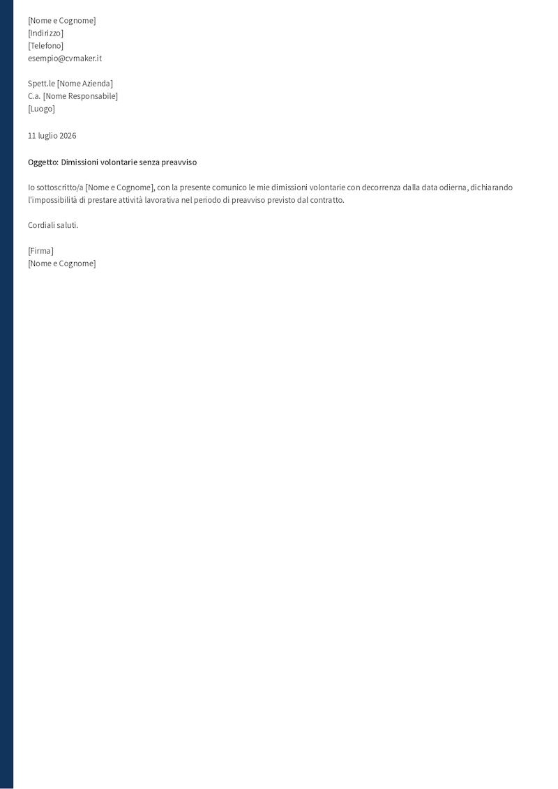 Esempio di lettera di dimissioni senza preavviso