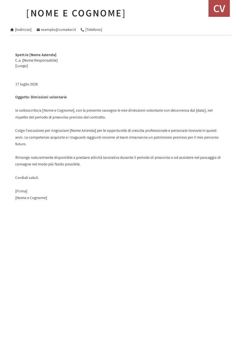 Esempio di lettera di dimissioni con tono riconoscente