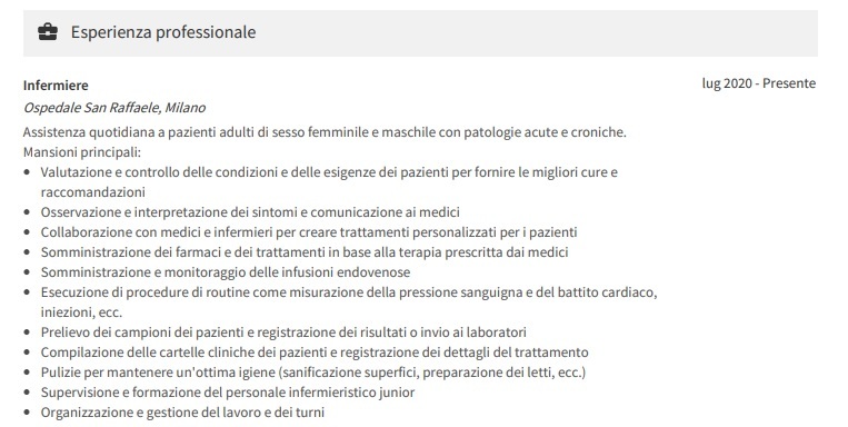 Esempio di esperienza lavorativa