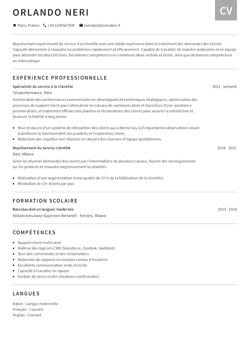 Esempio di CV in francese