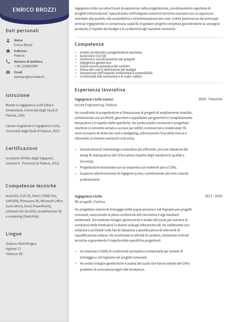 Esempio di CV per ingegnere civile