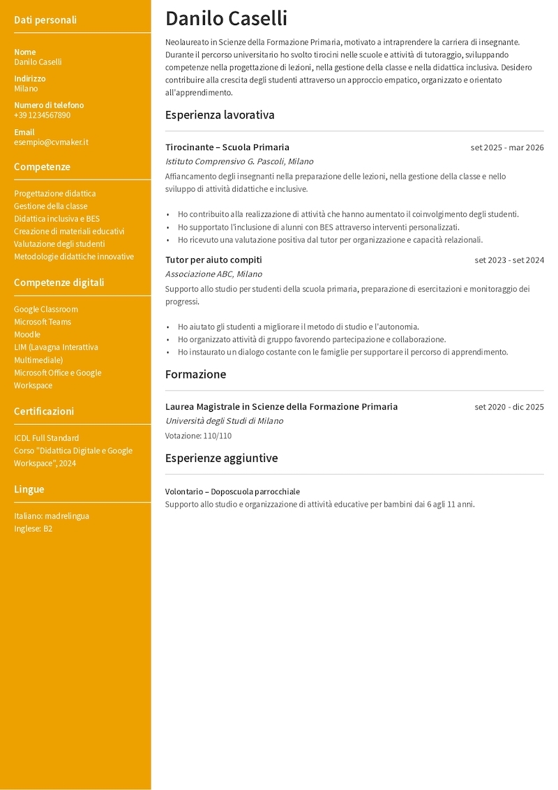 Esempio di CV per insegnante neolaureato