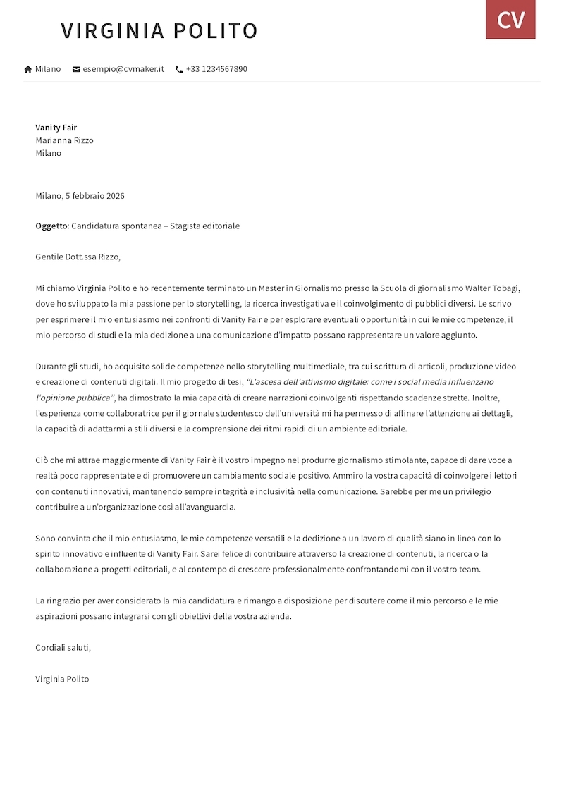 Esempio di lettera di presentazione per candidatura spontanea